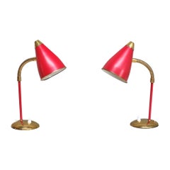 Pair of TR & Co Adjustable Table Lamps in Red Metal and Brass, Norway, 1960s