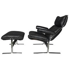 Richard Hersberger Black Leather Lounge Chair, Chromed Steel, USA, Late 1960s