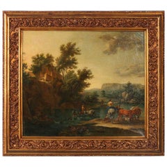 Original Oil on Canvas, Signed Flemish Landscape of River Crossing with Cattle