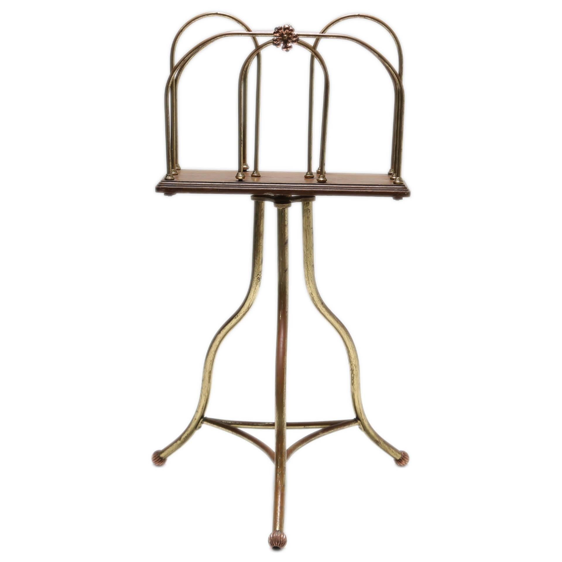 Magazine Stand in Brass and Oak For Sale