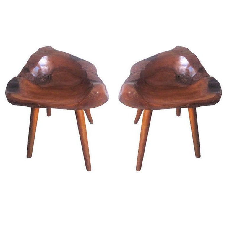 Pair French Mid-Century Modern Craftsman Stools / Slipper Chairs, Alexandre Noll