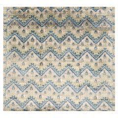 India Ikat Area Rugs - Wool Blue Green Ivory Orange Design - 96234