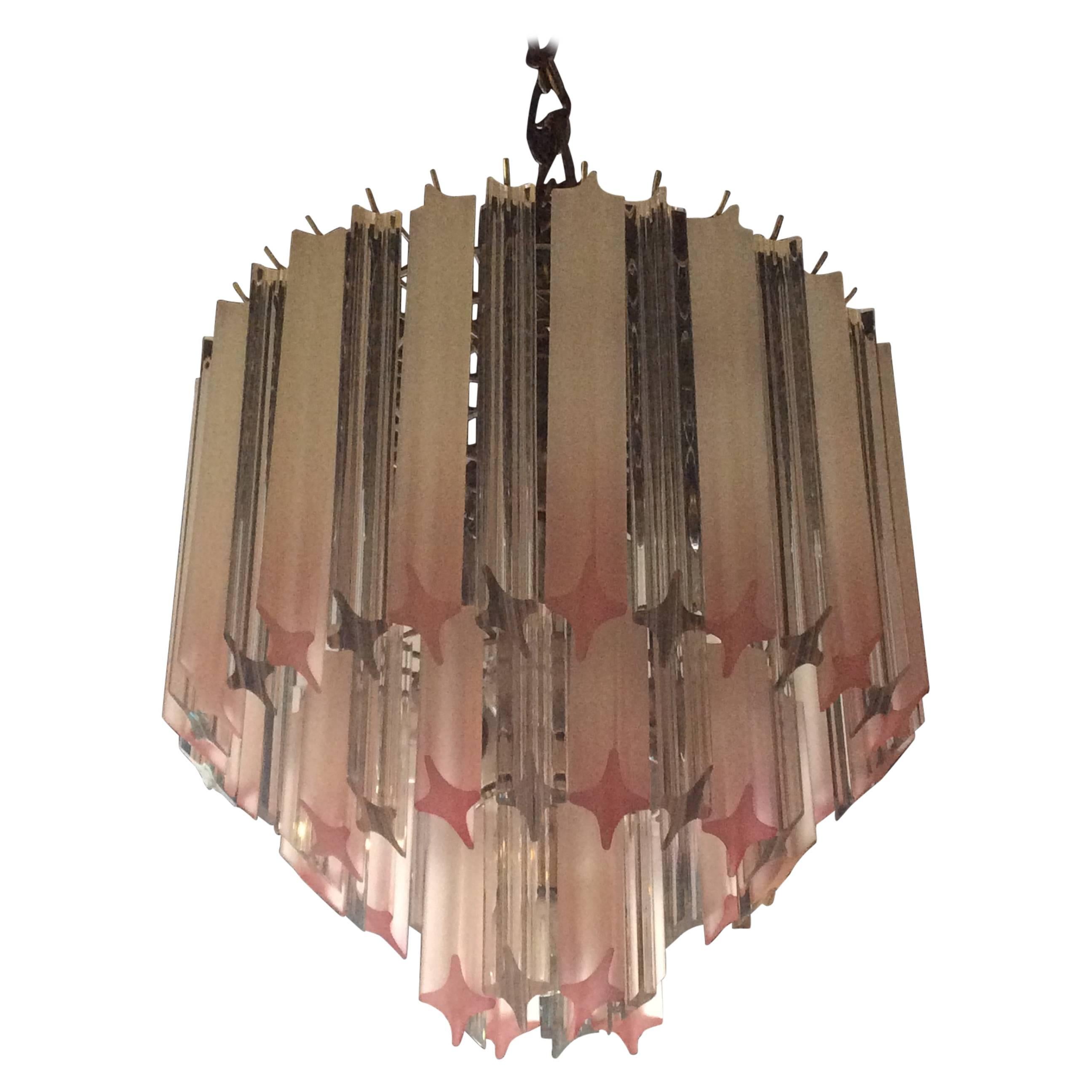  Pink Lucite Chandelier Vintage Three-Tier Hollywood Regency Palm Beach Chrome