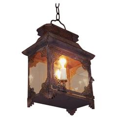 Antique English Tin Pagoda and Filigree Hanging Glass Lantern, Circa 1870