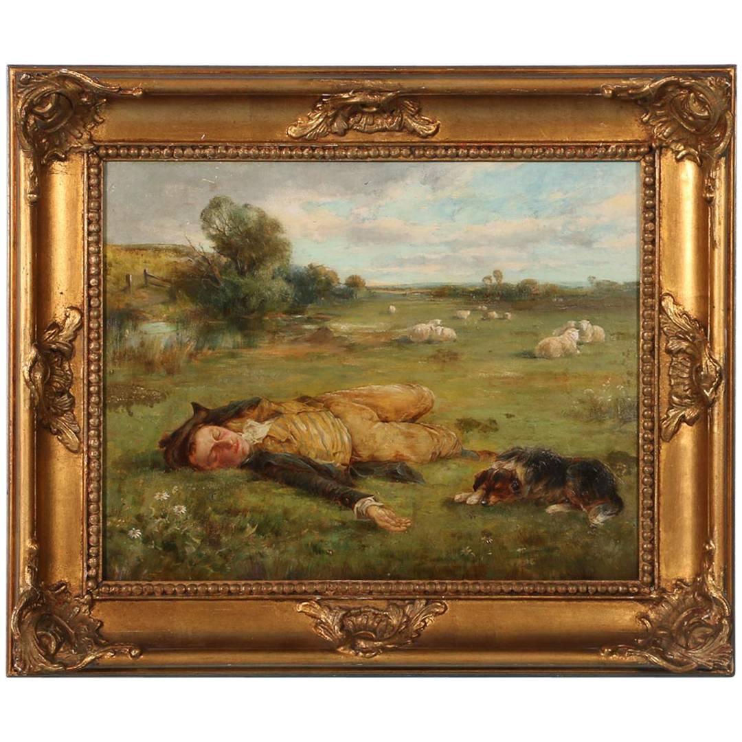 Oil on Canvas Landscape of Shepherd and His Dog, circa 1900