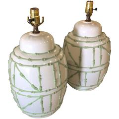 Ginger Jar Vintage Pair Faux Bamboo Green Icing Table Lamps Palm Beach White