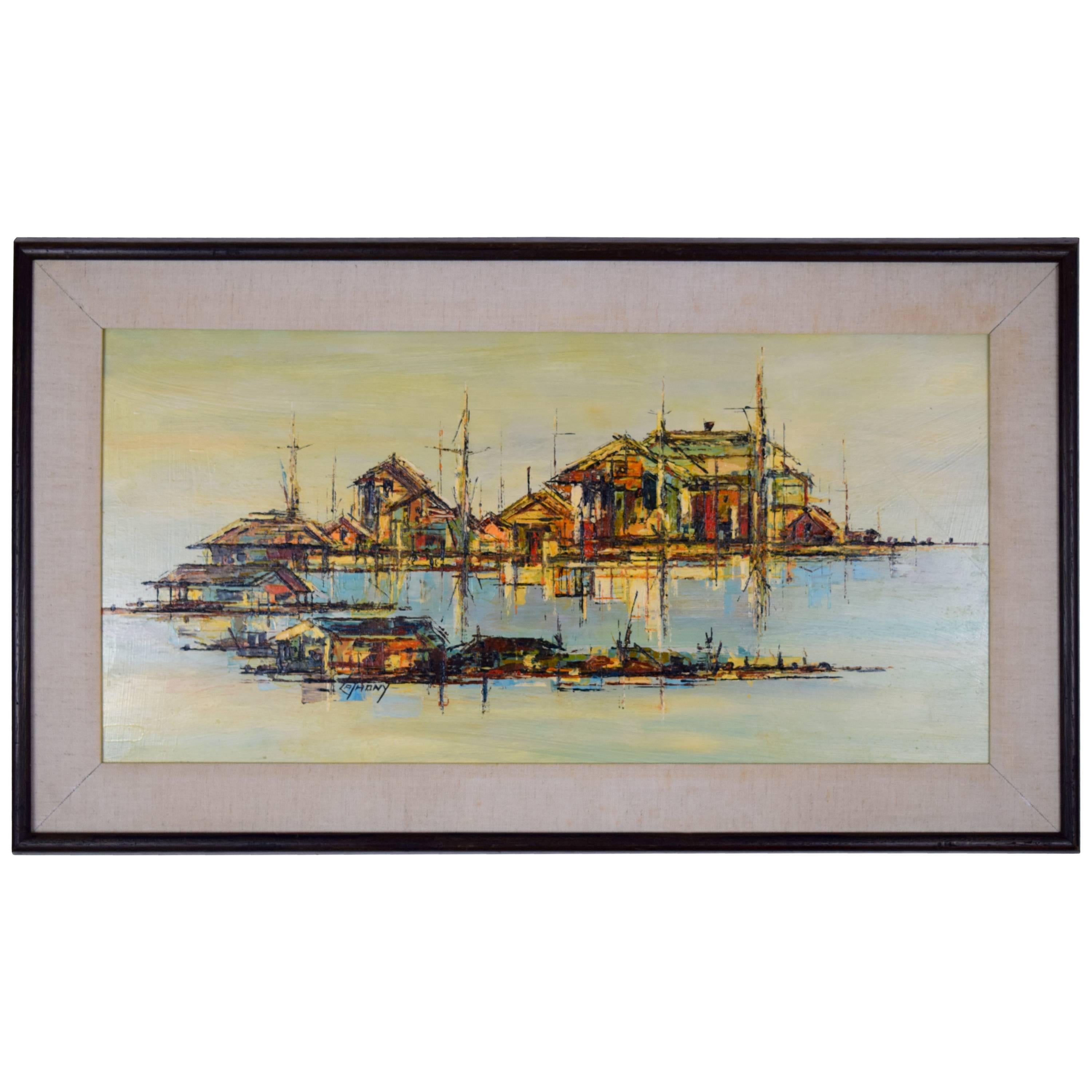 Mid-Century Hardline Oil on Masonite "Fishing Village Two" by Edward Cathony For Sale