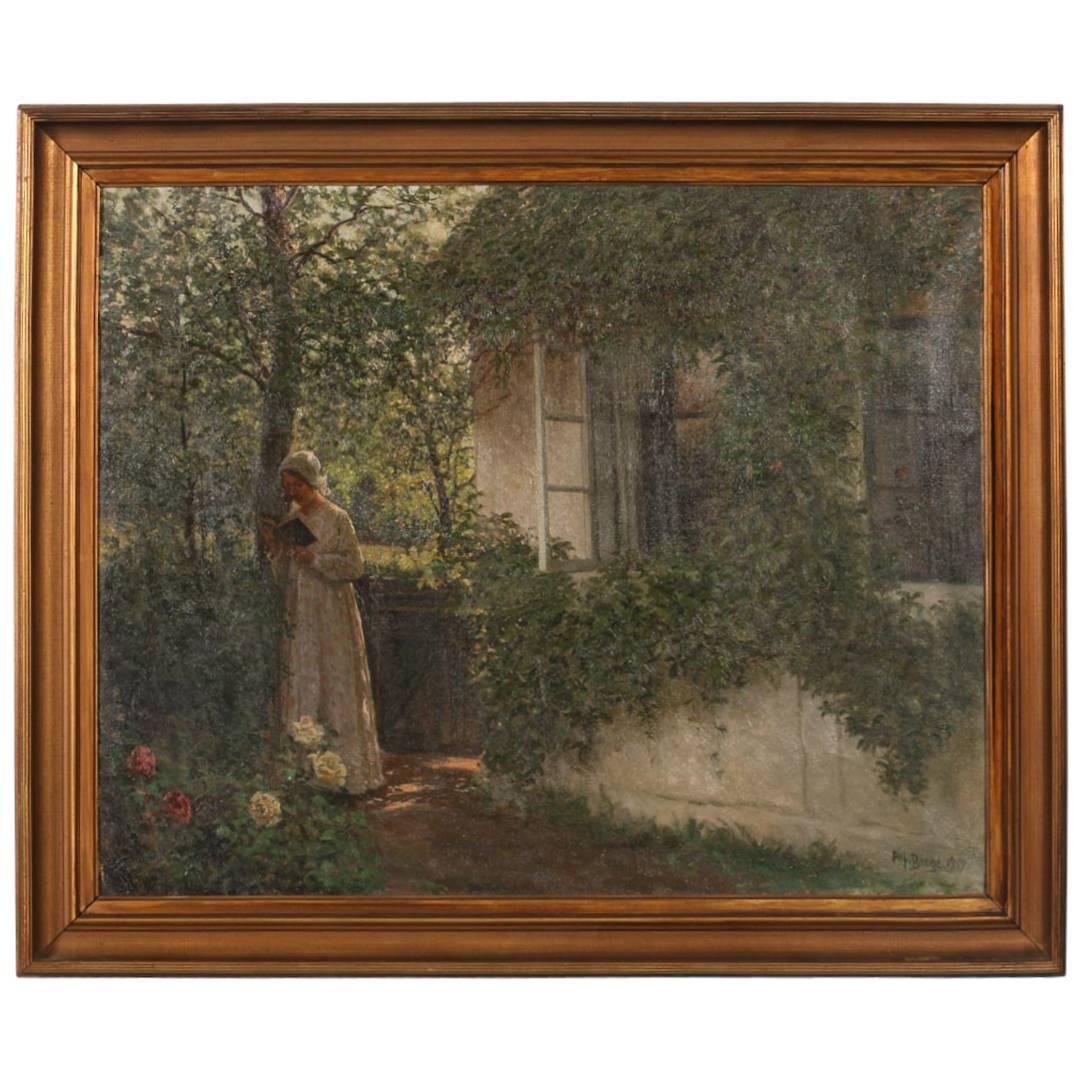 Original Oil on Canvas of Woman Outdoors Reading Book, Signed/Dated Alfred Broge
