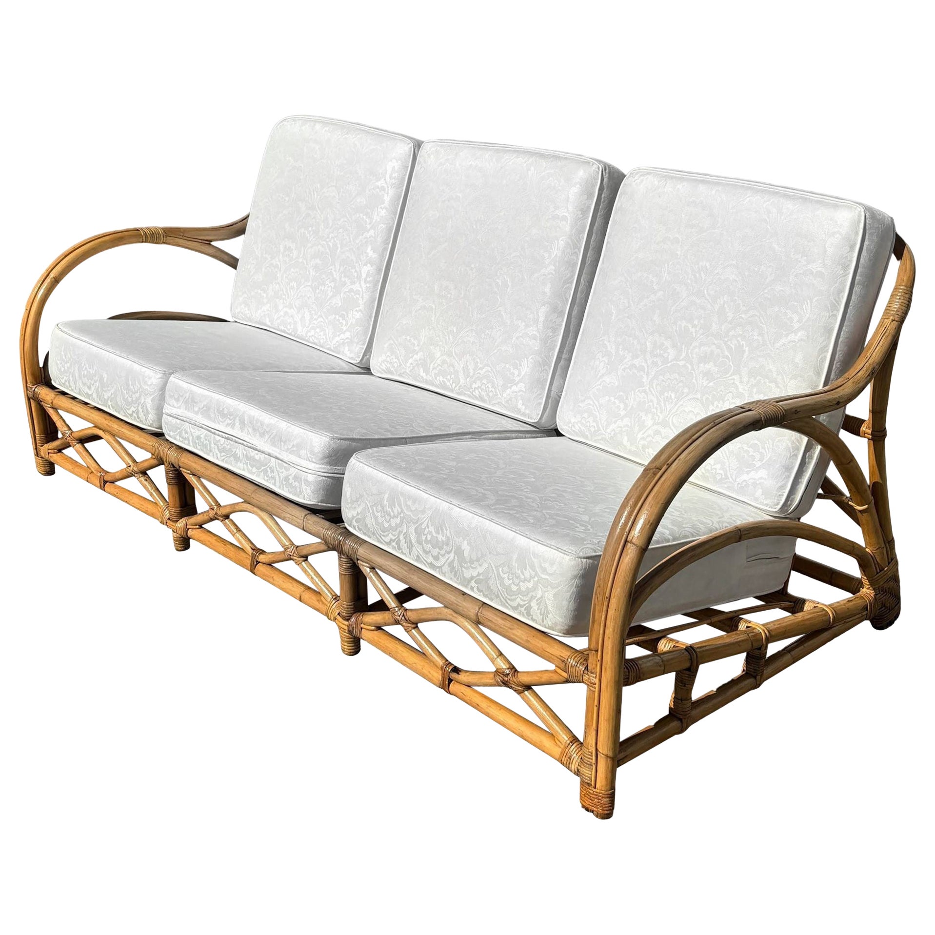 Restored Art Deco Stick Rattan Three-Seat Transitional Sectional Sofa