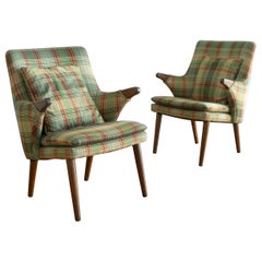 Rare Pair of Svend Skipper Carved Teak & Plaid Armchairs for Skipper Mobler
