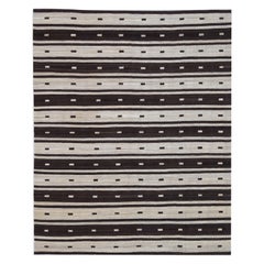 Brown and Ivory Geometric Stripe Patterned Wool Kilim 7'10''x9'9''