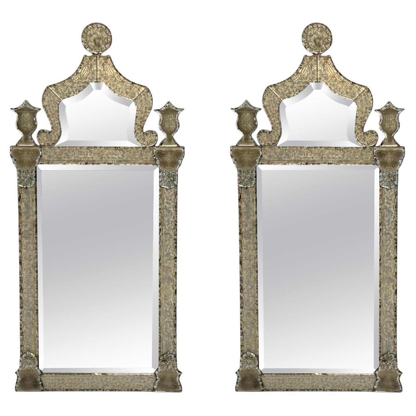 Miroirs muraux vénitiens style Hollywood Regency, feuille d'argent, verre gravé