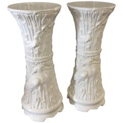 Plant Stands Vintage Pair of White Ceramic Garden Birds Heron White Faux Bamboo