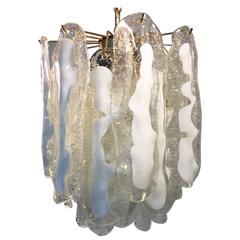 Mazzega Chandelier with Textured Clear and White Oblong Drops of Murano Glass