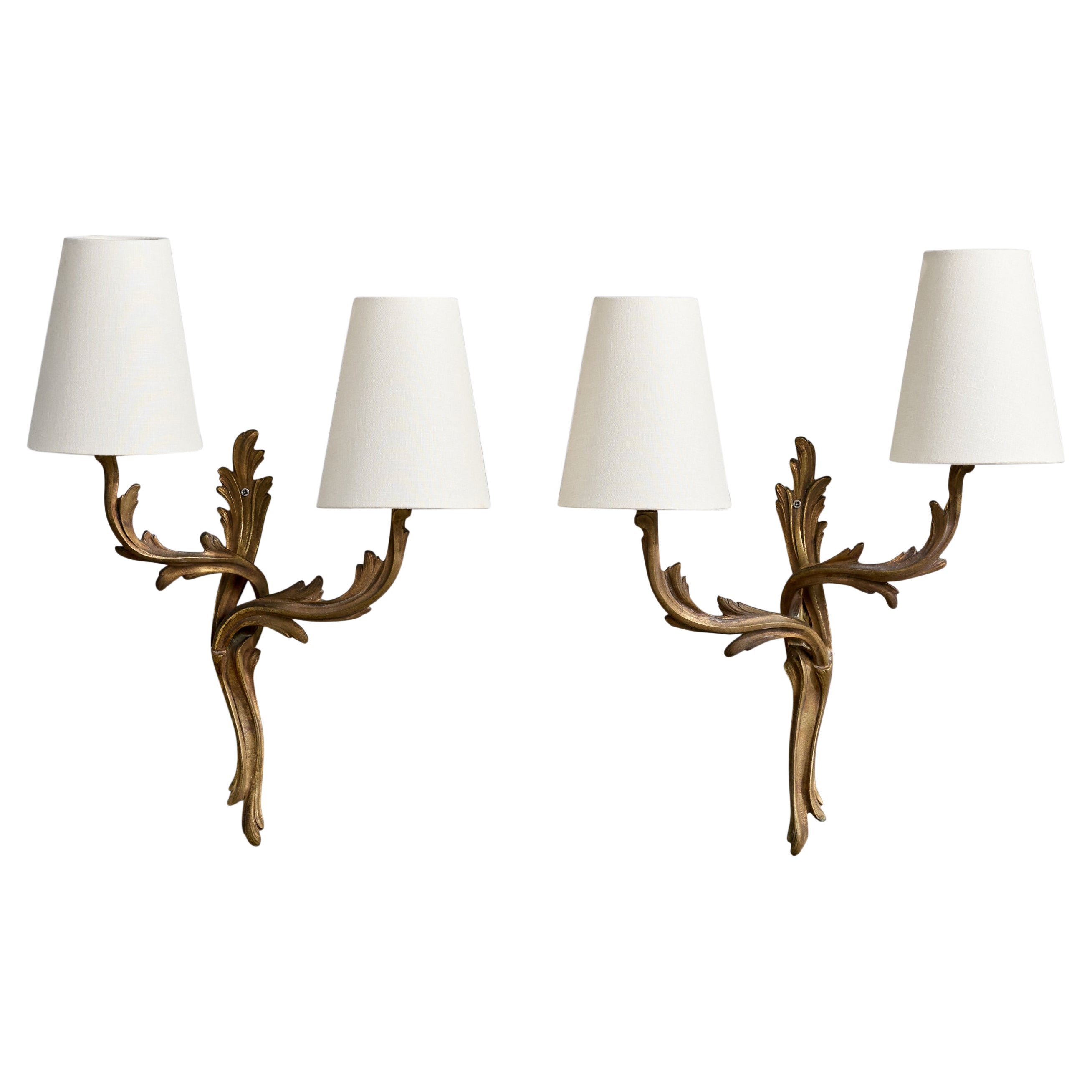 French Designer, Wall Lights, Brass, Fabric, France, 1940s