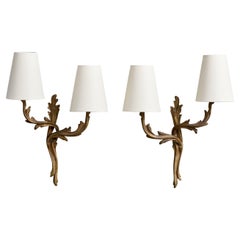 French Designer, Wall Lights, Brass, Fabric, France, 1940s