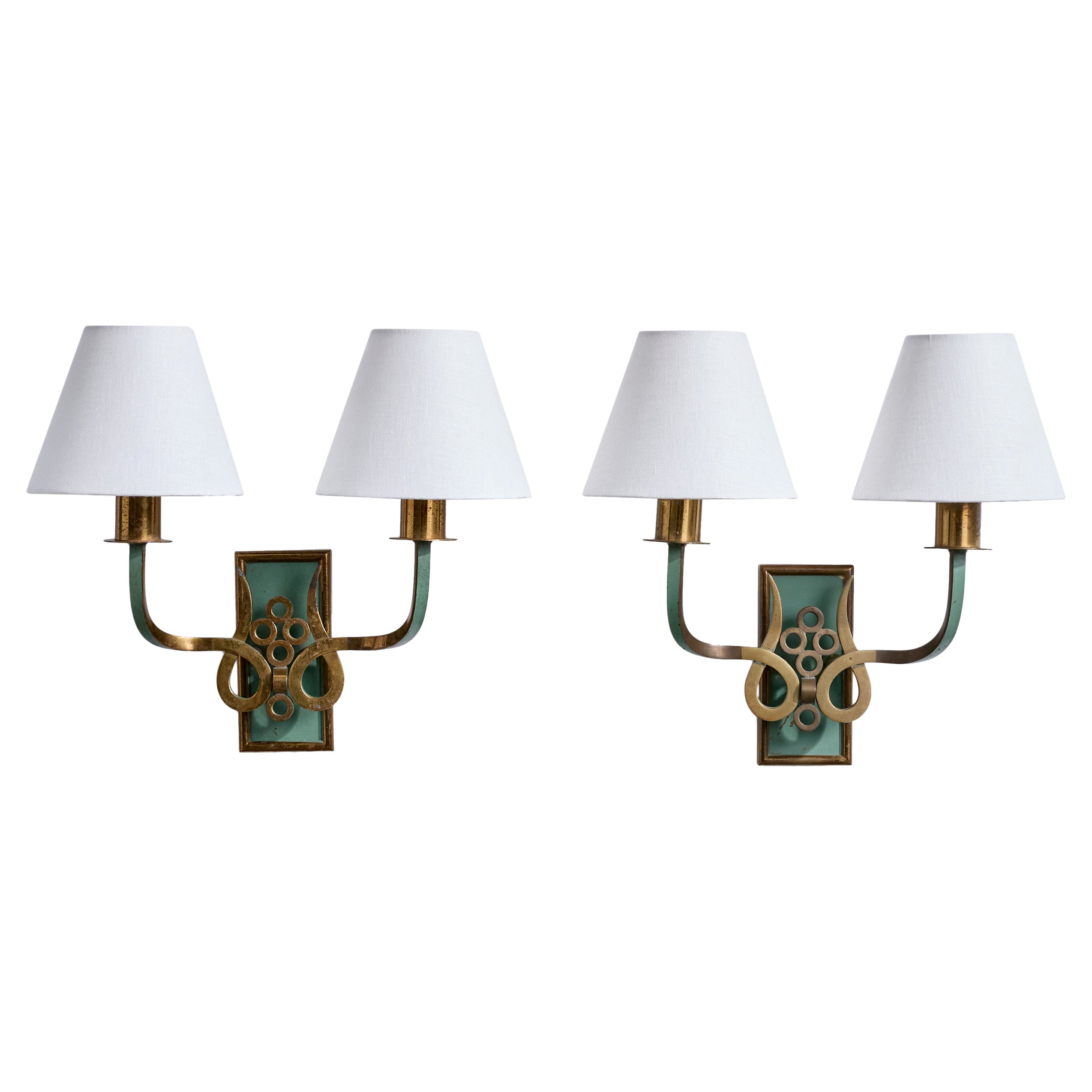 Italian Designer, Wall Lights, Brass, Metal, Fabric, Italy, 1930s