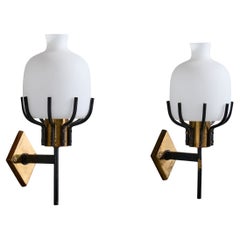 Italian Designer, Wall Lights, Brass, Metal, Glass, Italy, 1950s