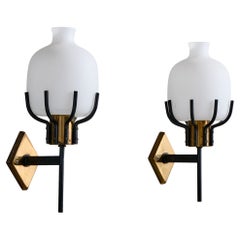 Italian Designer, Wall Lights, Brass, Metal, Glass, Italy, 1950s