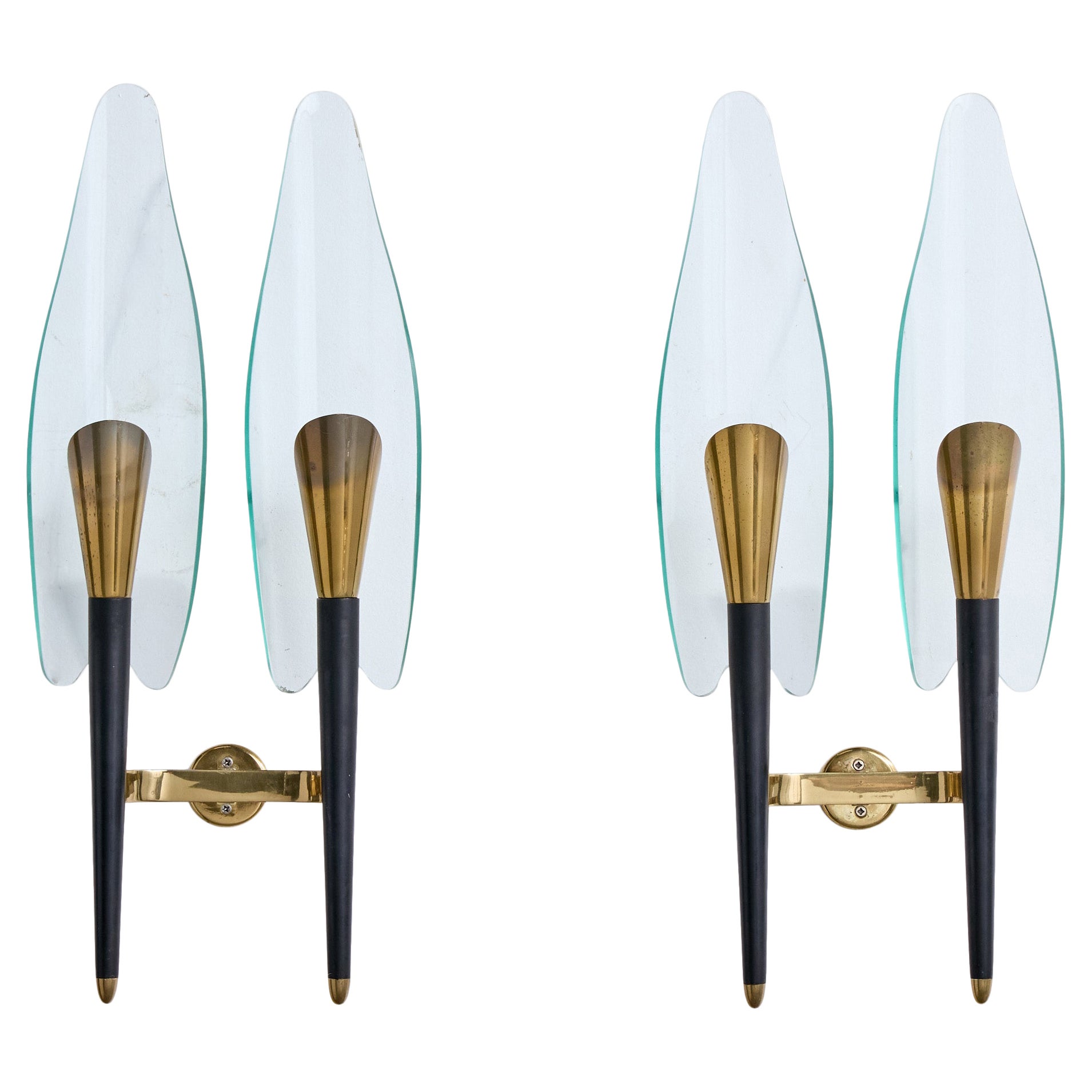 Brazilian Designer, Wall Lights, Brass, Metal, Glass, Brazil, 1950s For Sale