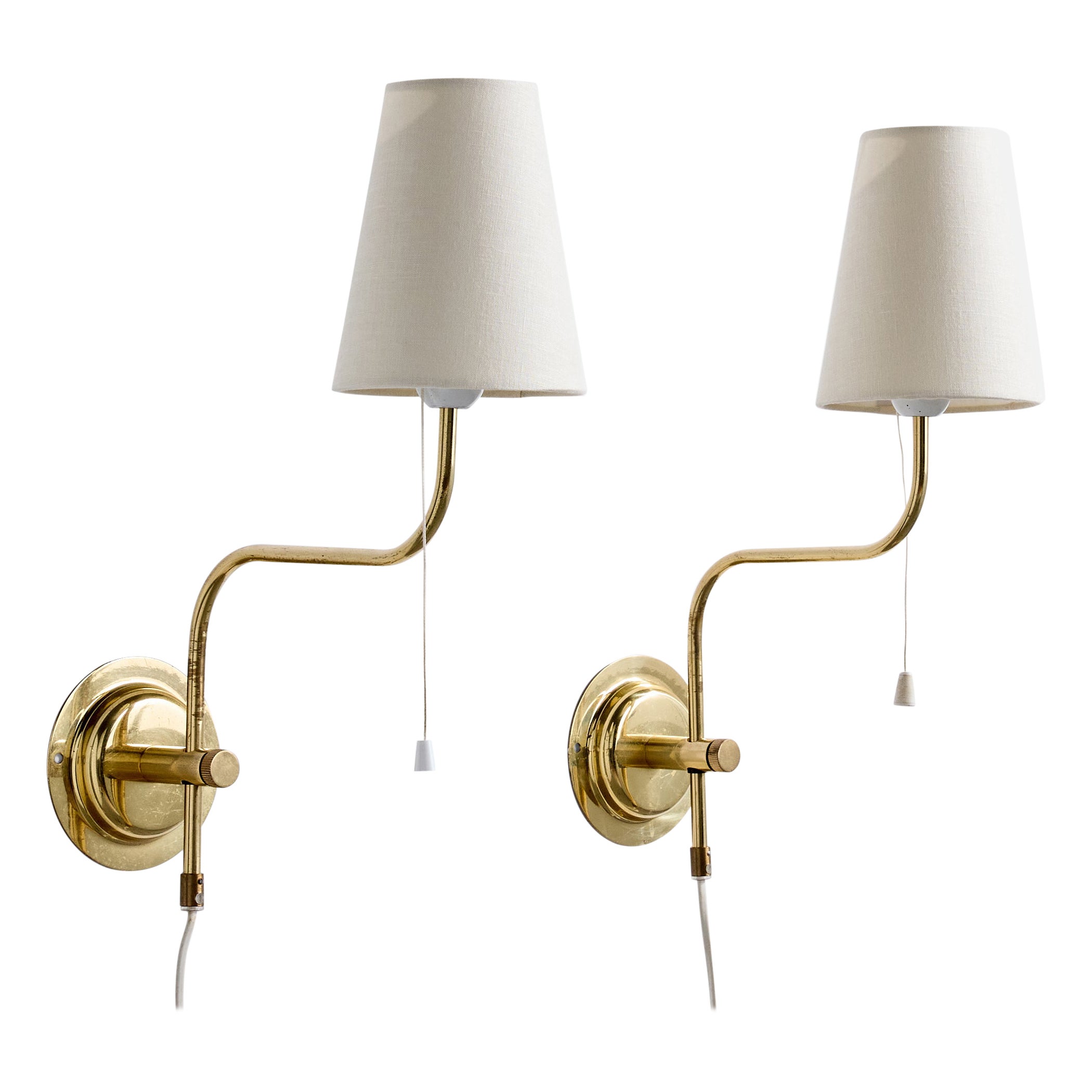 Schwedischer Designer, Wandleuchten, Messing, Stoff, Schweden, 1980er Jahre