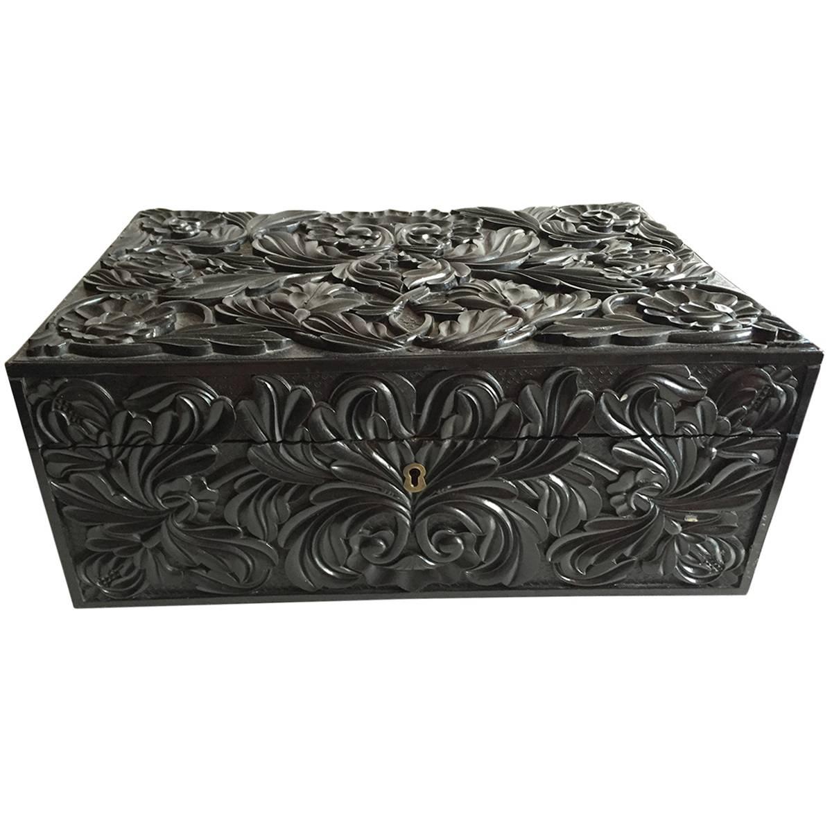 Antique Victorian Solid Ebony Carved Anglo-Indian Rectangular Box