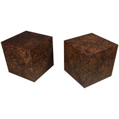 Claro Walnut Veneer Cube Side Tables, Style of Milo Baughman, USA