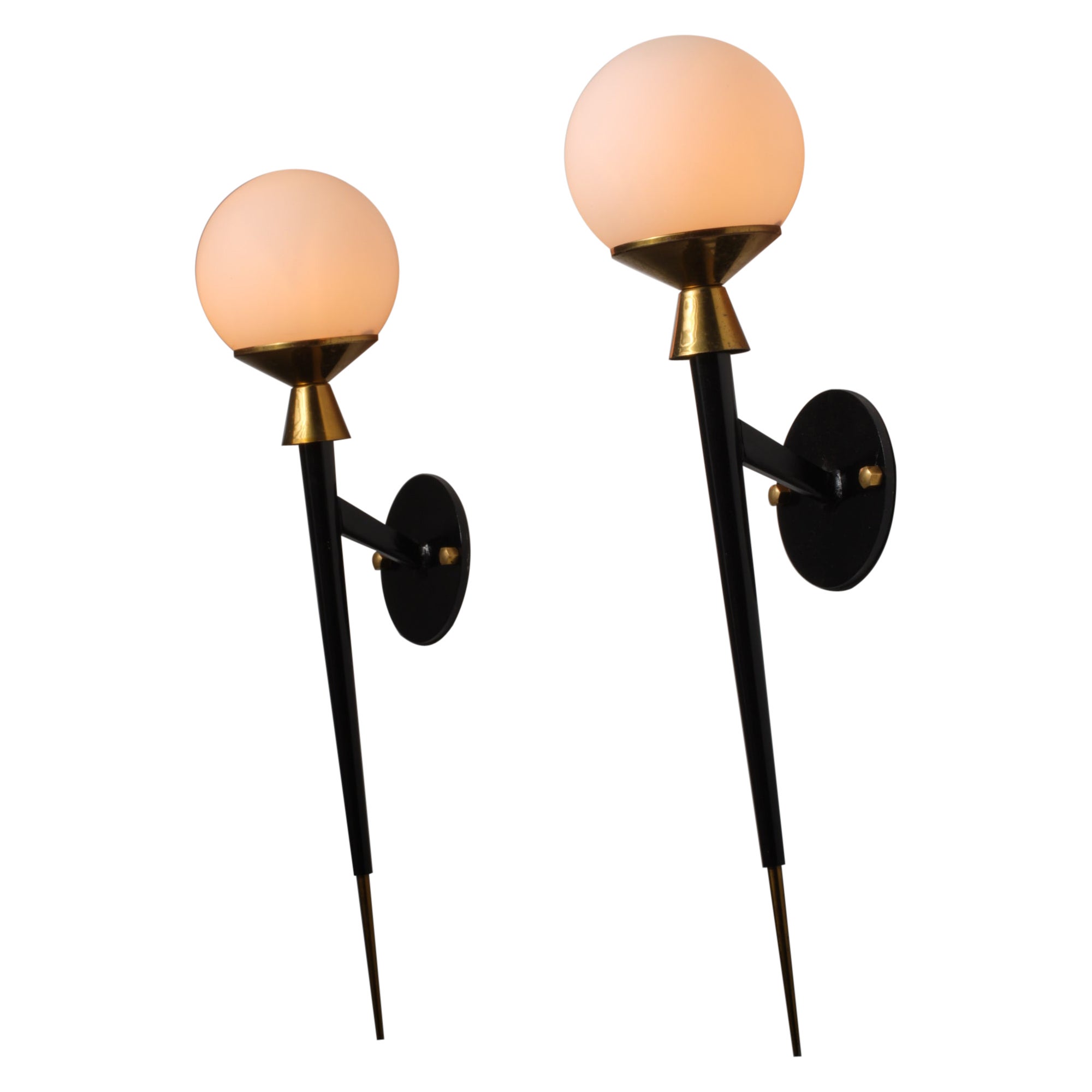 Pair of Italian Mid-Century Modern Brass and Opaline Glass Wall Sconces, 1950s