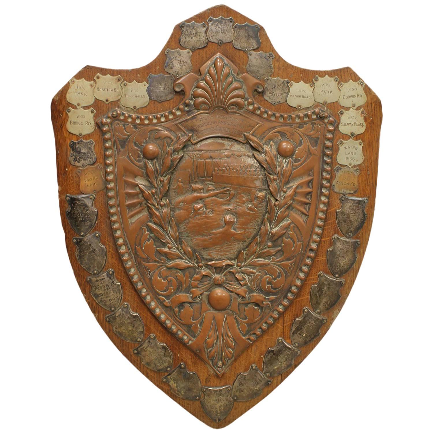 Large 1900s English South West Ham Swimming Association Trophy Plaque For Sale