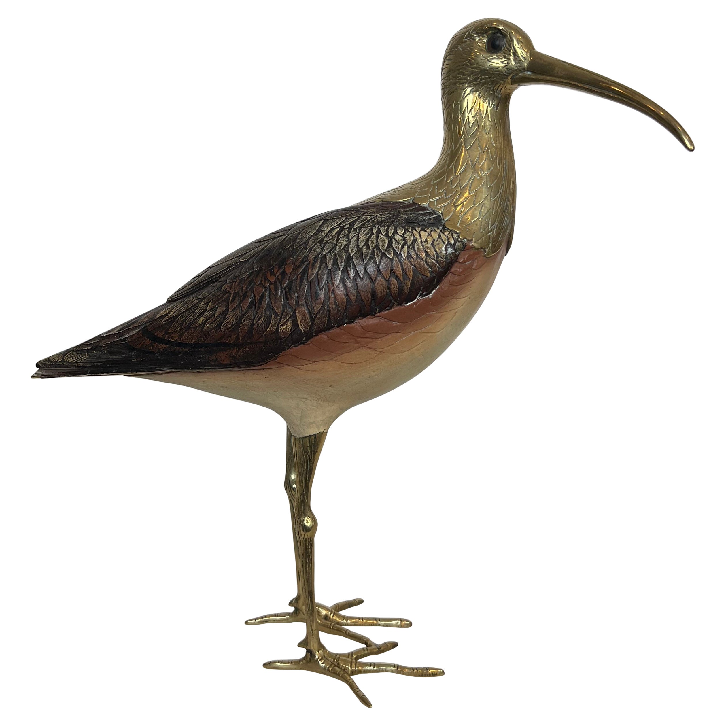 Skulptur eines Vogels aus polychromem Holz und Messing. Signiertes italienisches Werk