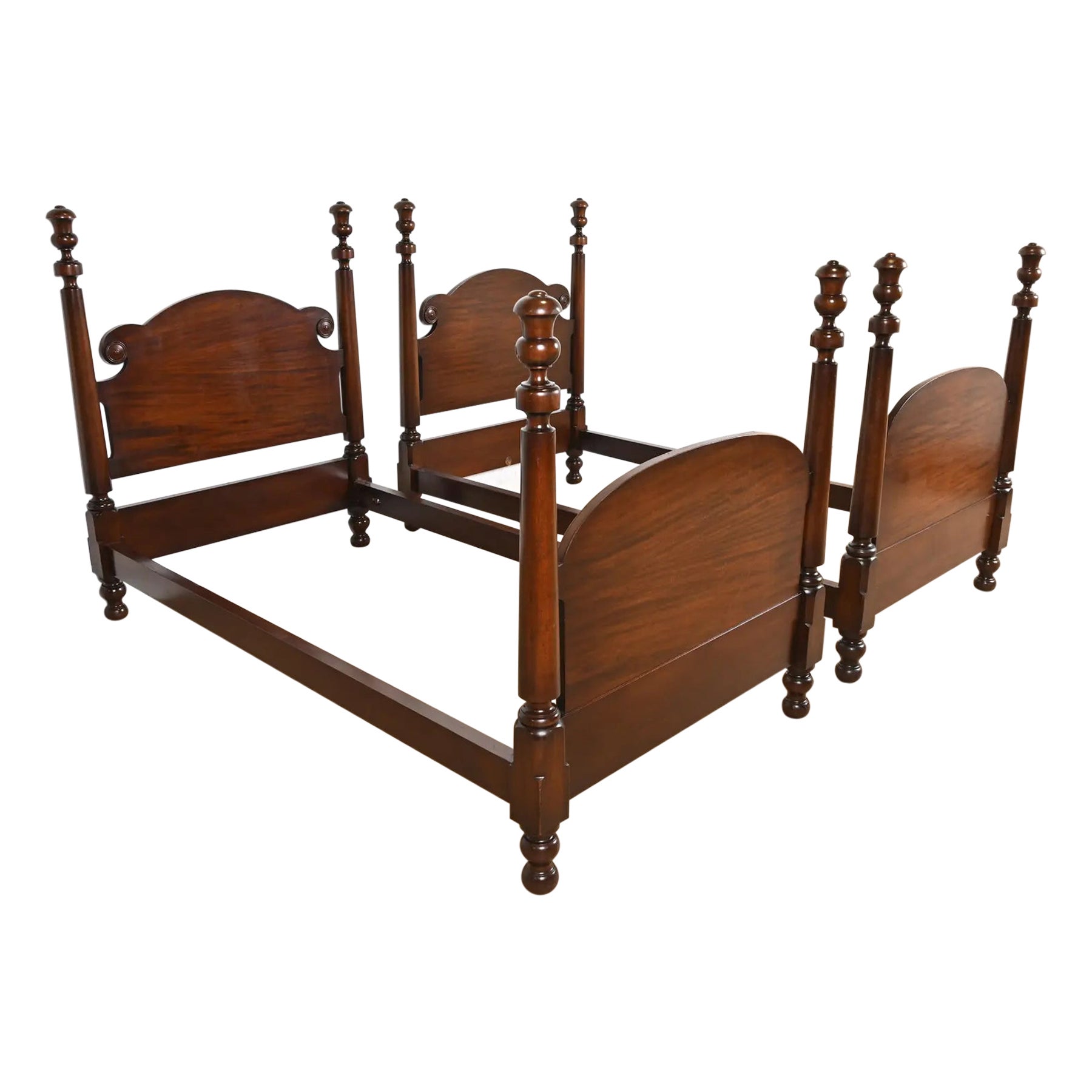 Tobey Furniture Antique Georgian Carved Solid Mahogany Twin Size Poster Beds
