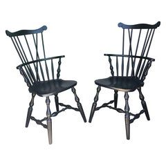 Pair S. Bent & Brothers Ebonized Maple Fiddle / Fan Back Windsor Chairs Half Arm