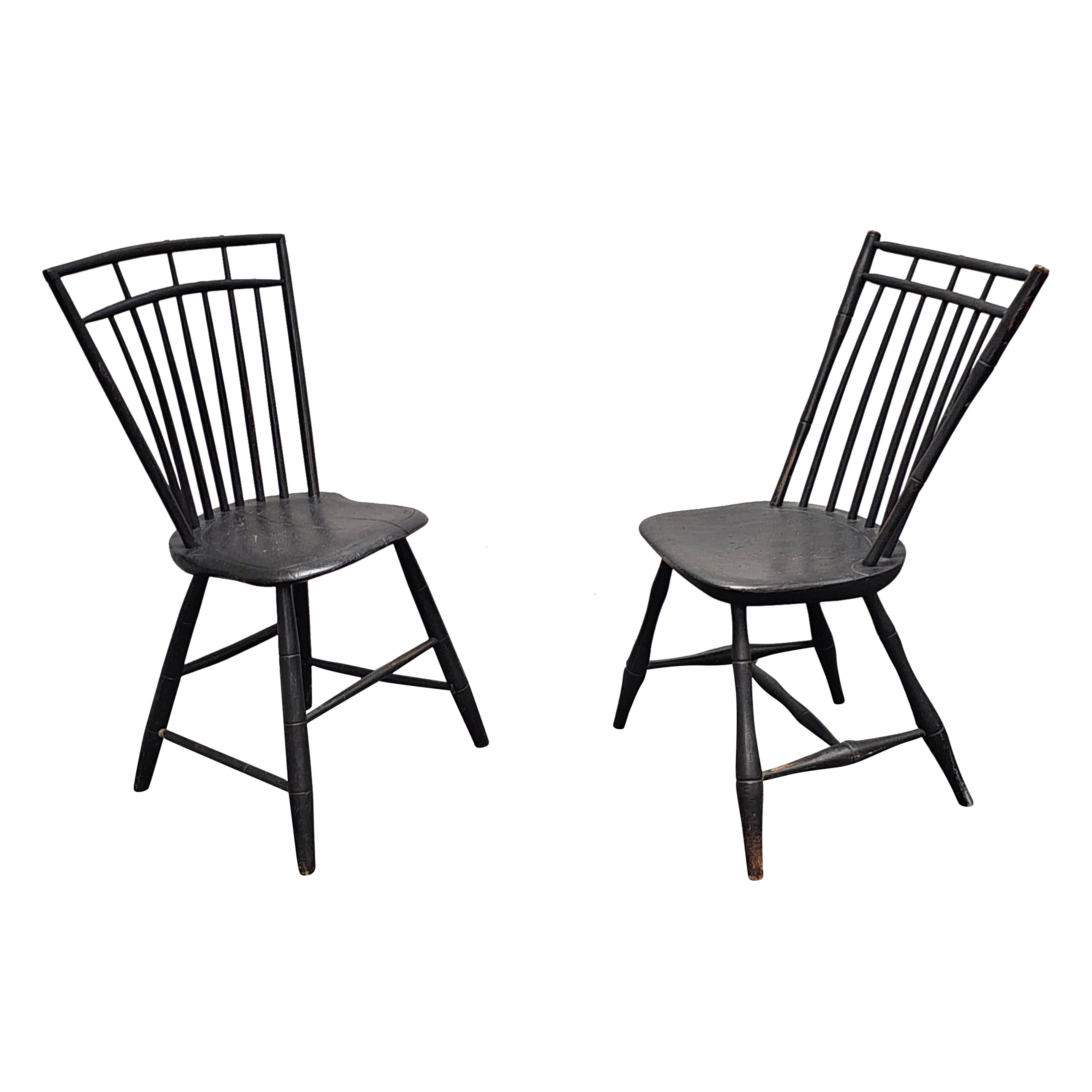 Pair of Early American Maple Faux Bamboo Ebonized Windsor Side Chairs, C. 1810s