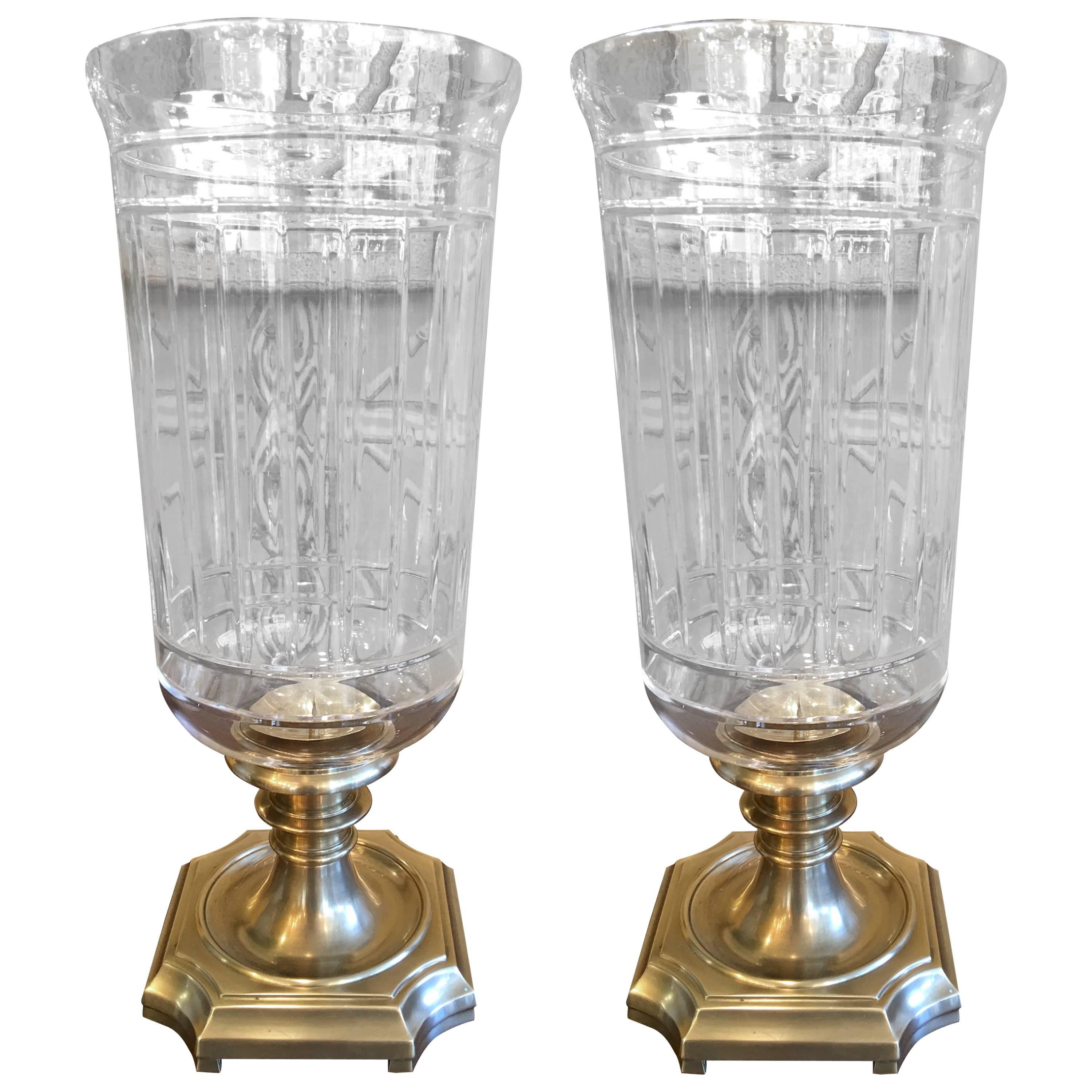 Pair of American Brass and Glass Hurricane Lanterns, circa 1960
