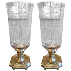 Vintage Pair of American Brass and Glass Hurricane Lanterns, circa 1960