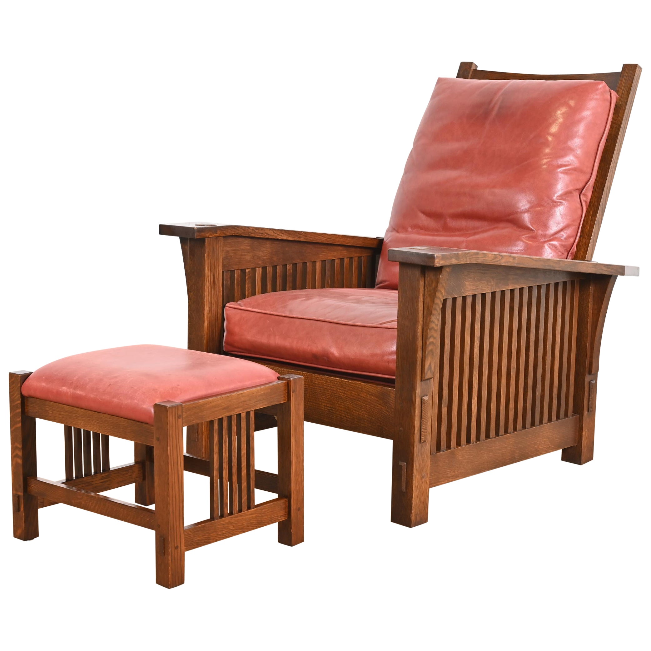 Stickley Mission Oak Arts & Crafts Poltrona reclinabile Morris con ottomano