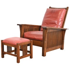 Stickley Mission Oak Arts & Crafts Reclining Morris Lounge Chair With Ottoman