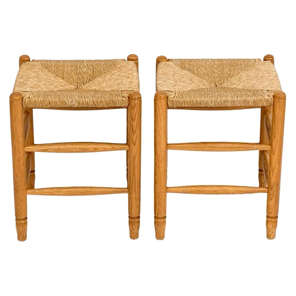 Pair of Dutch Mid century Oak and rush stools