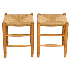 Pair of Dutch Mid century Oak and rush stools