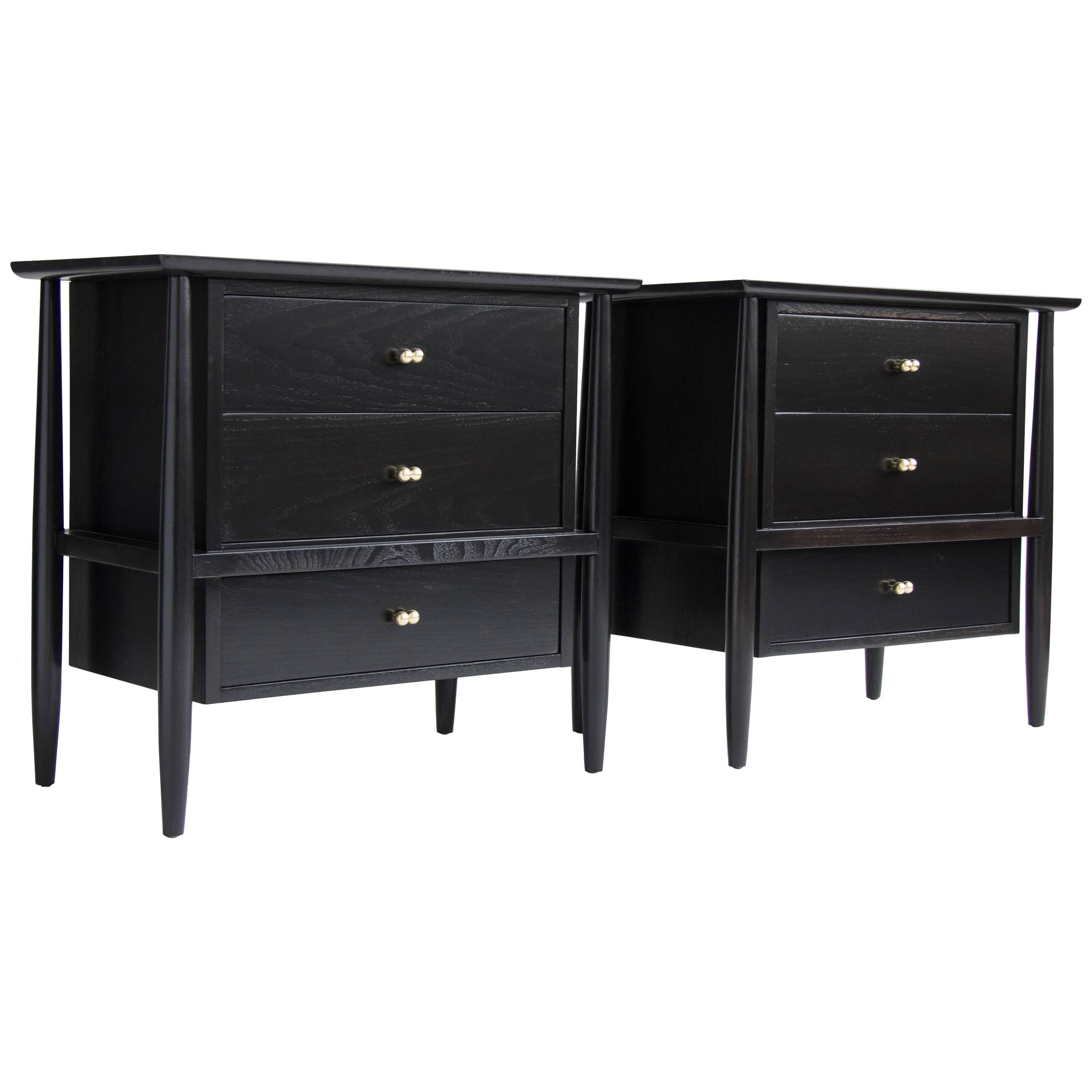 Pair of Ebonized Nightstands with Brass Details by John Stuart for Mt Airy