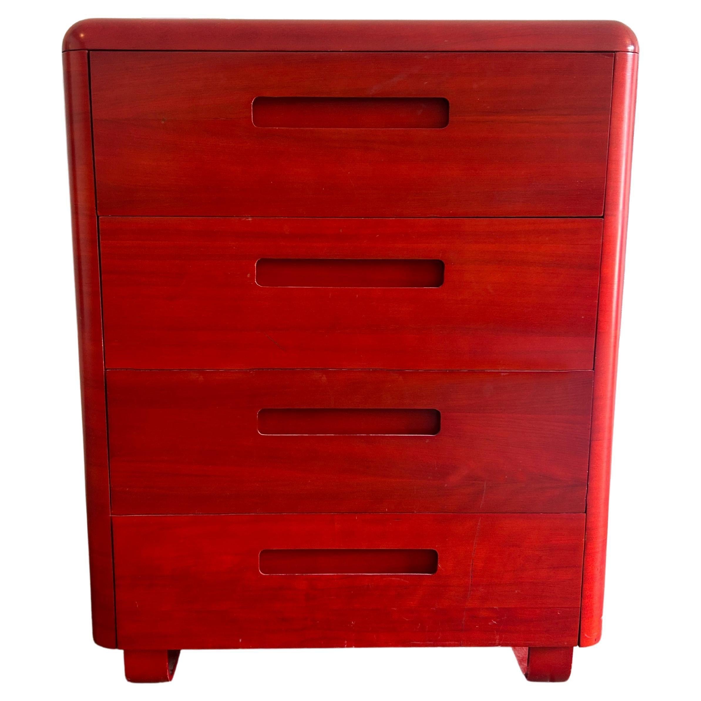 Mid century molded plywood tall Red dresser by Paul Goodman for plymold