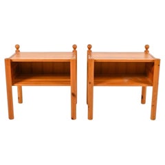 Pair of Scandinavian solid Pine nightstands with carved details Sweden