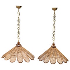 Decorativa Coppia di Lampadari in Bambù e Ottone design Italiano 1950