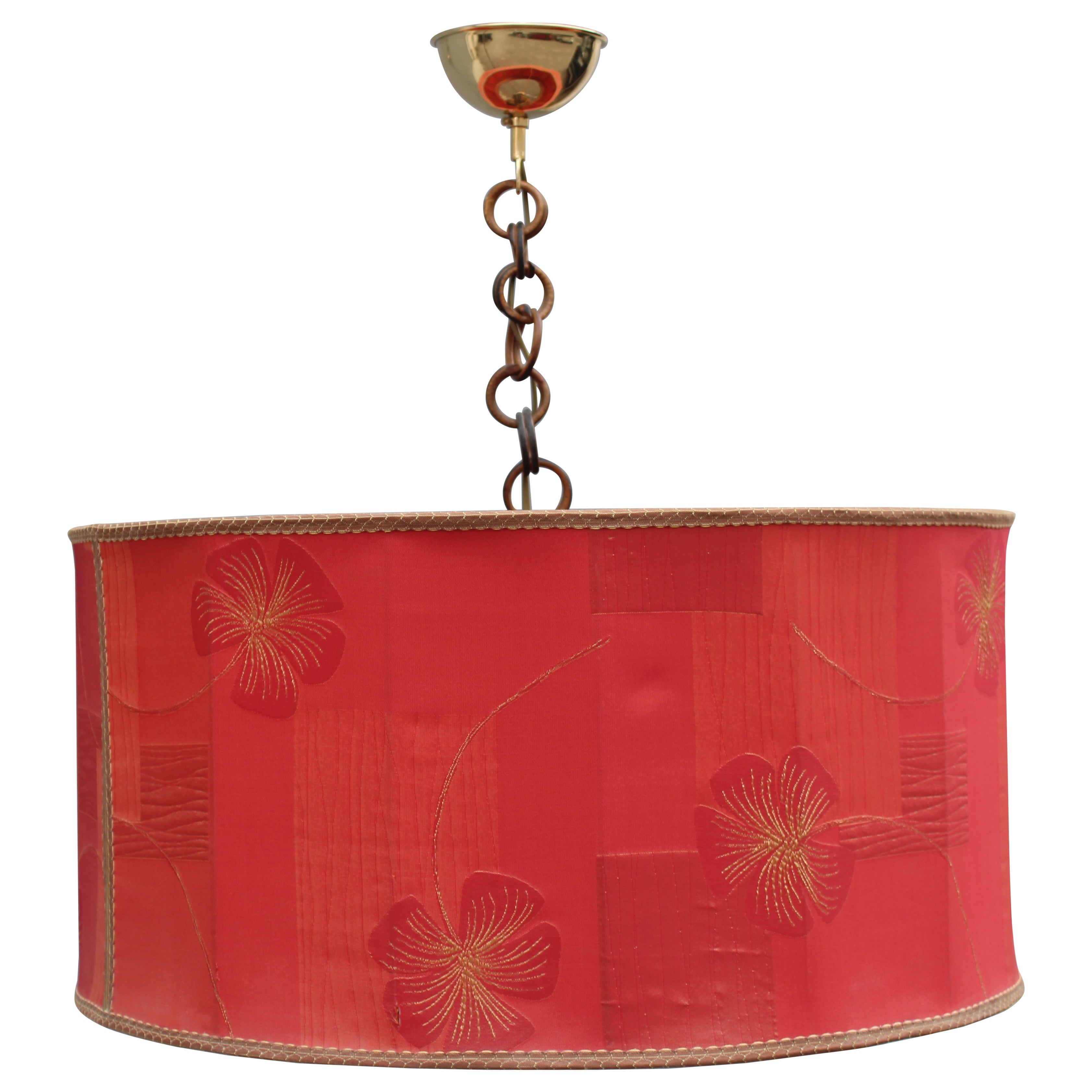 Red fabric dome chandelier with flowers Mid-century italian design brass For Sale