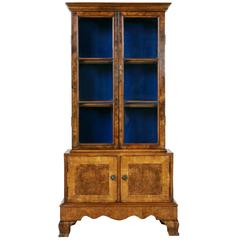 Antique Petite French Burled Walnut Louis Philippe Vitrine with Royal Blue Interior