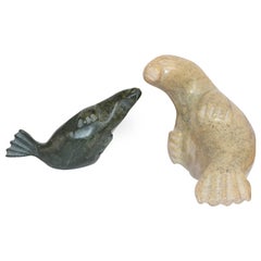 Vintage Two Eskimo or Inuit Carvings of a Walrus and a Seal