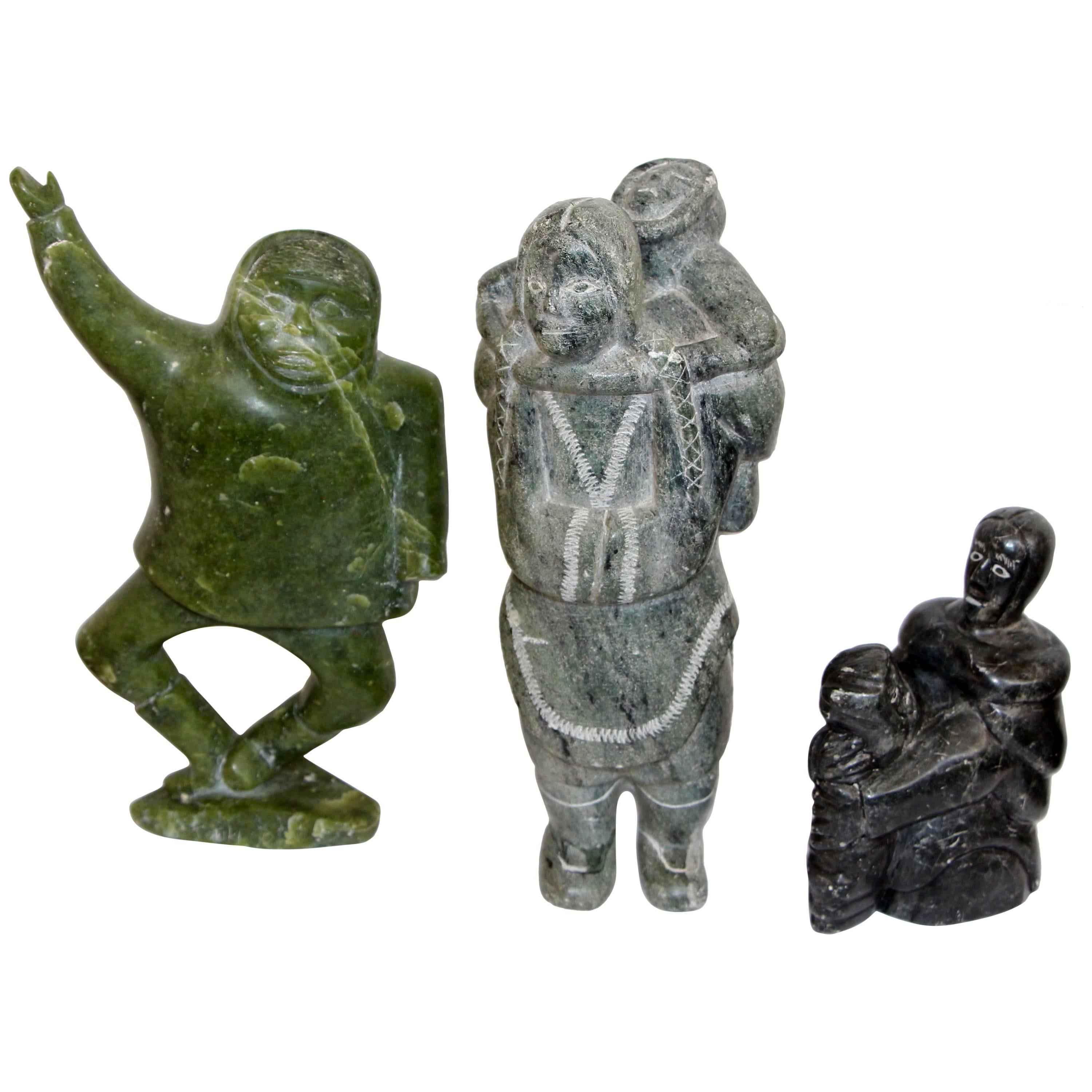 Three Inuit Sculptures One Signed with Inuit Canada Sticker For Sale