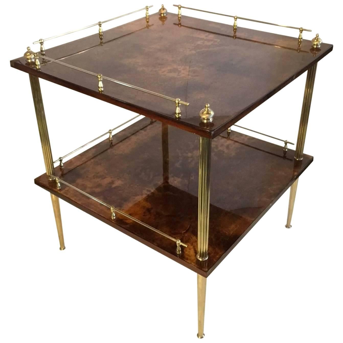 Amber Resine Goatskin and Brass Two-Tiers Side Table by Aldo Tura, Italy