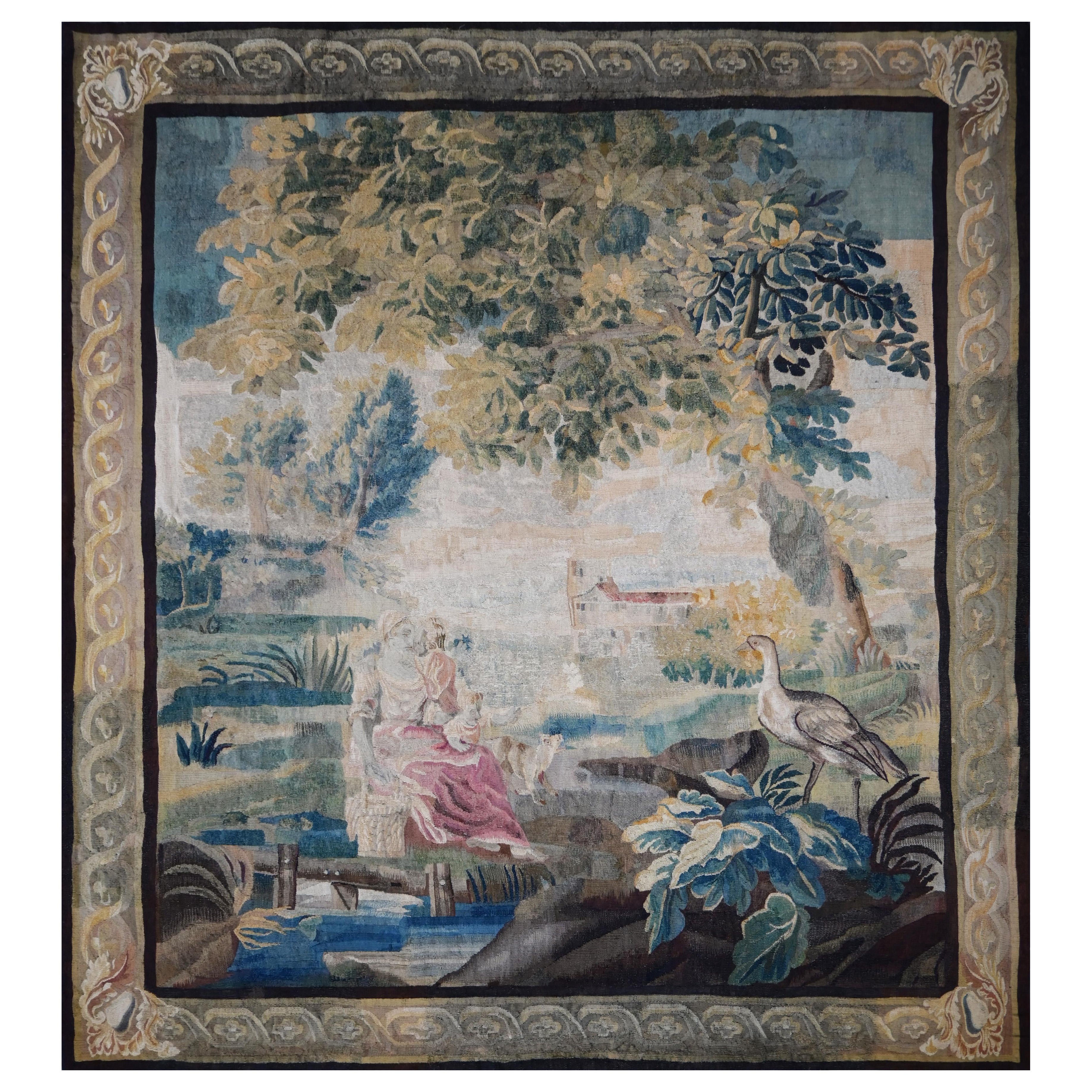 Tapisserie française d'Aubusson 18ème siècle, Scène Gallant - 185lx220hcm - No 1538