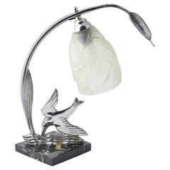 Art Deco French Chrome Bird and Glass Lamp